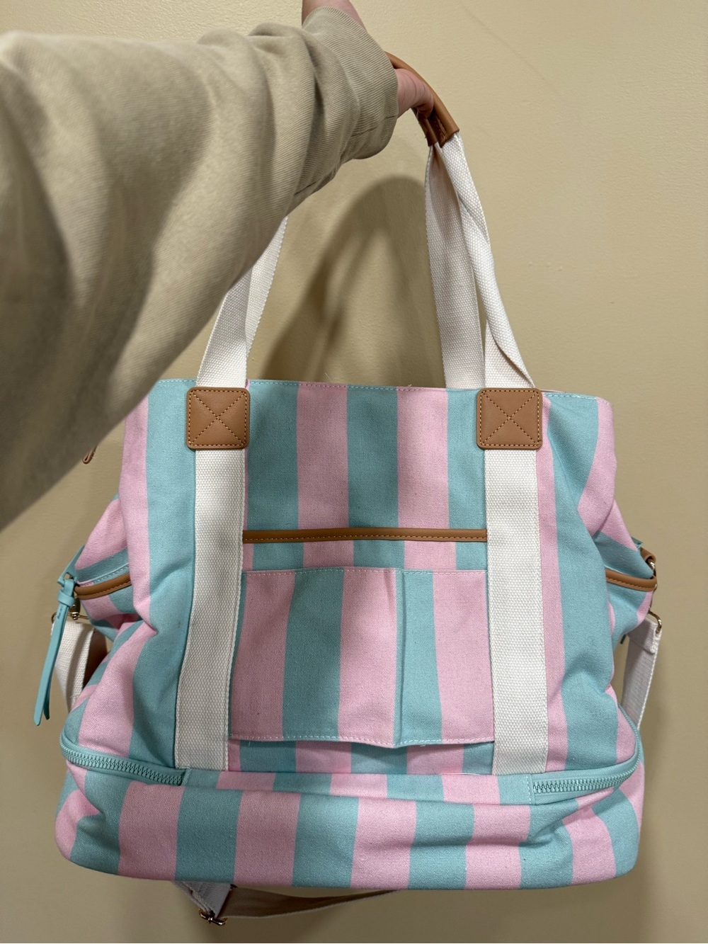 Poppy & Peonies Pink and Aqua Striped Canvas Tote with White Straps and Tan Trim - Picture 3 of 11
